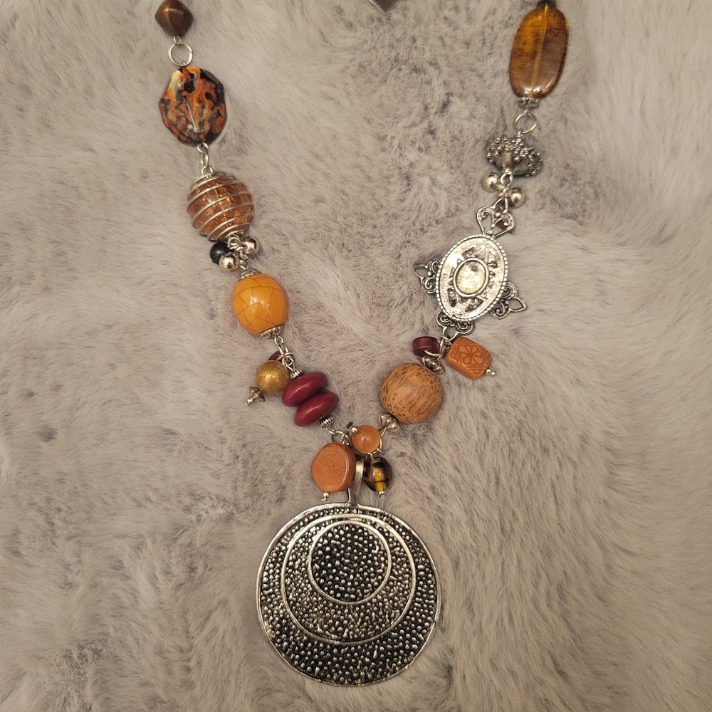 Medallion Pendant Brown Orange Silver Beaded Necklace